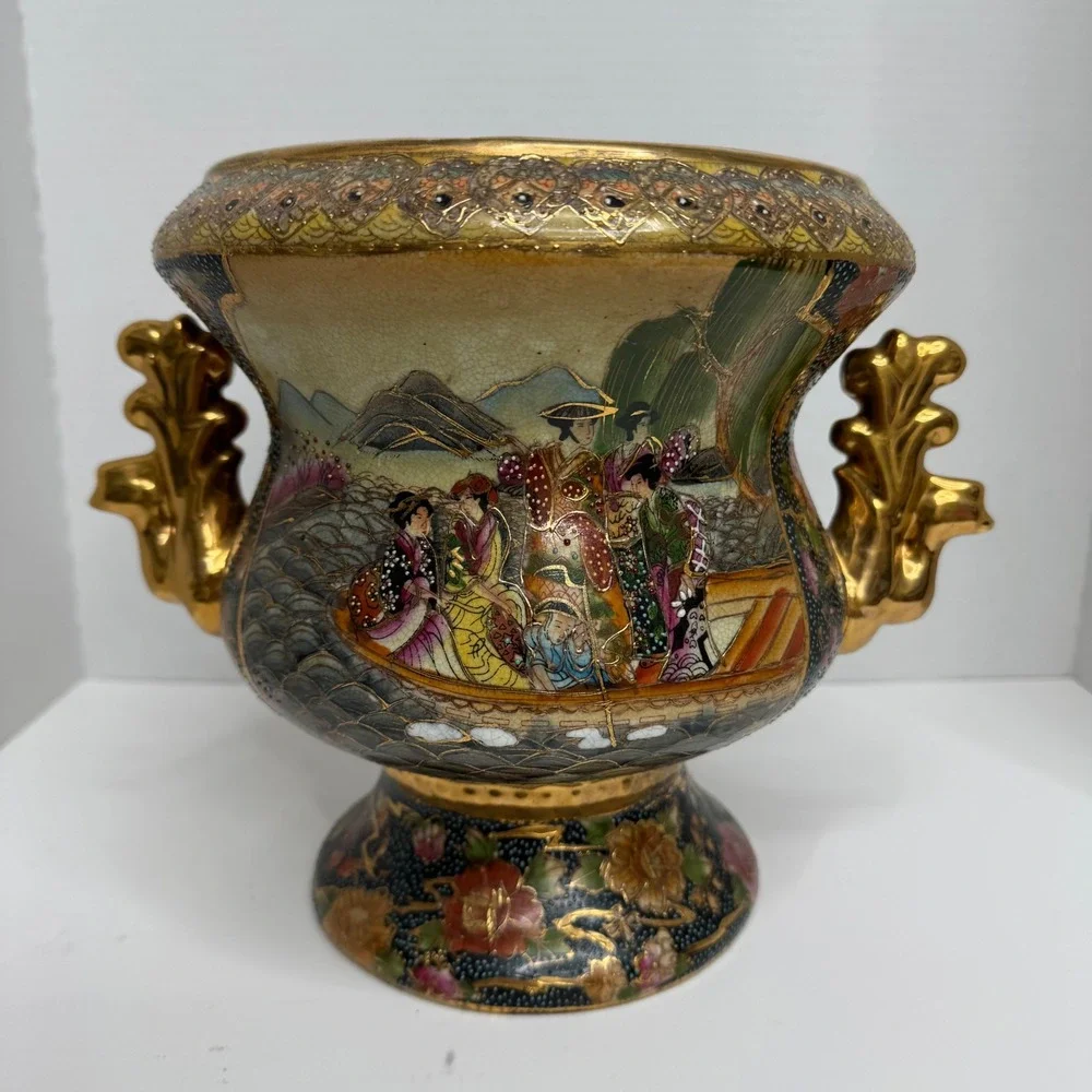 Vintage Japanese Satsuma Moriage Urn Vase Geisha Boat Scene Gold Gilt 7in